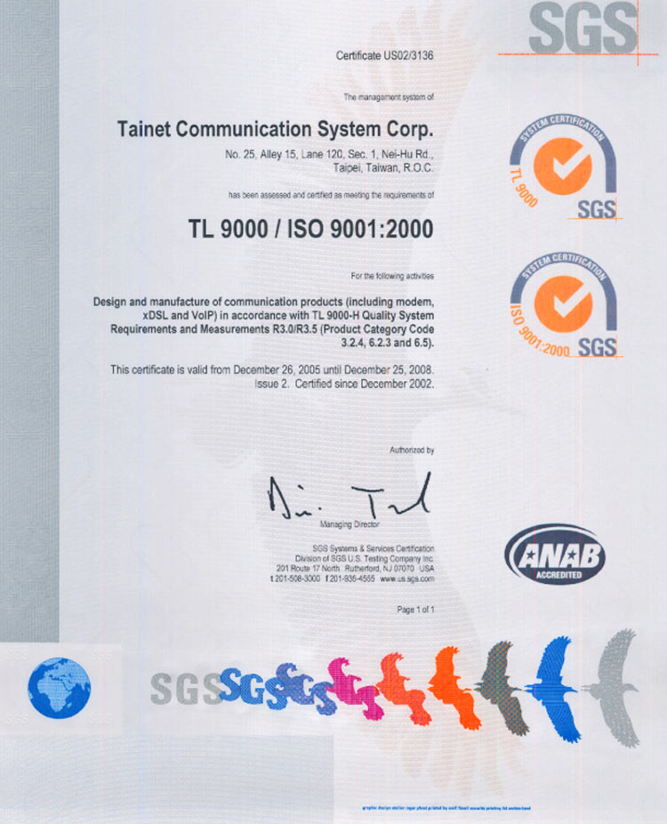 Tainet Communication System Corporation. Сертификат ISO 9001:2000